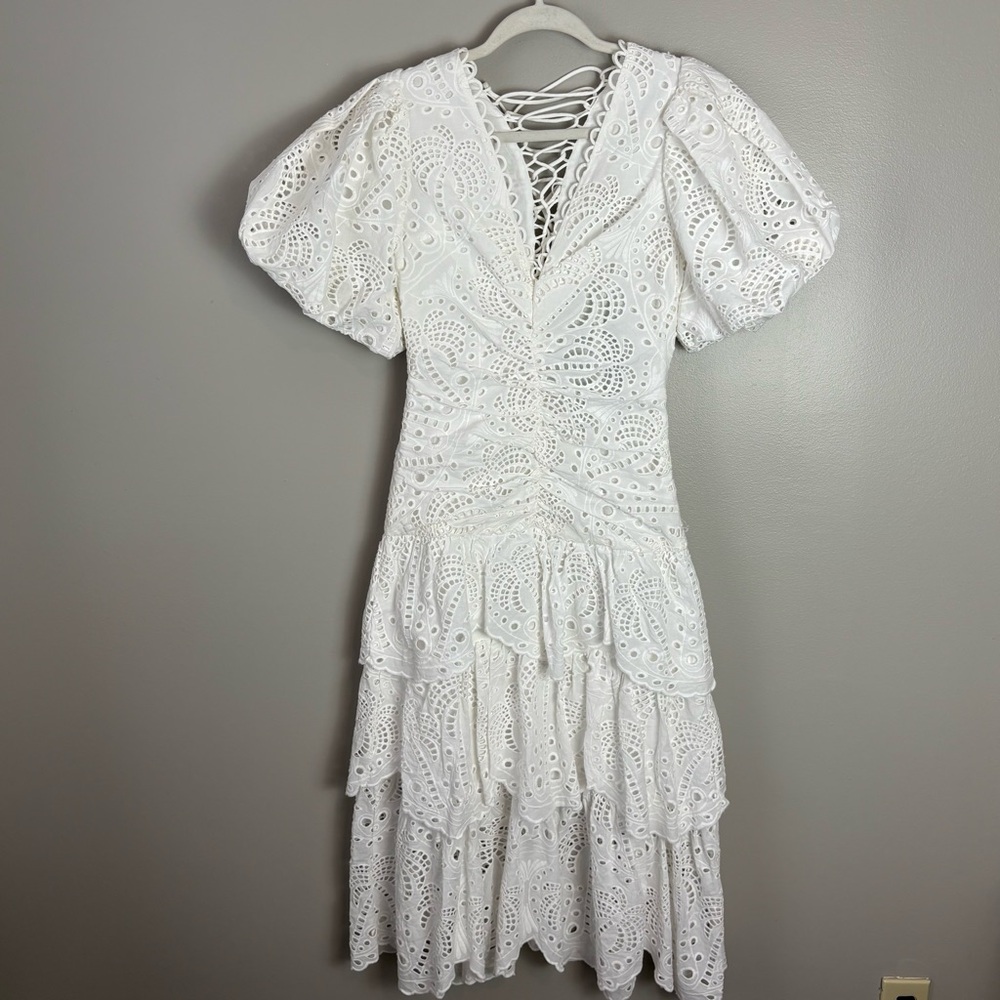 NEW FARM Rio White Eyelet Tiered Puff Sleeve Midi Dress‎ Size XS - Picture 10 of 17